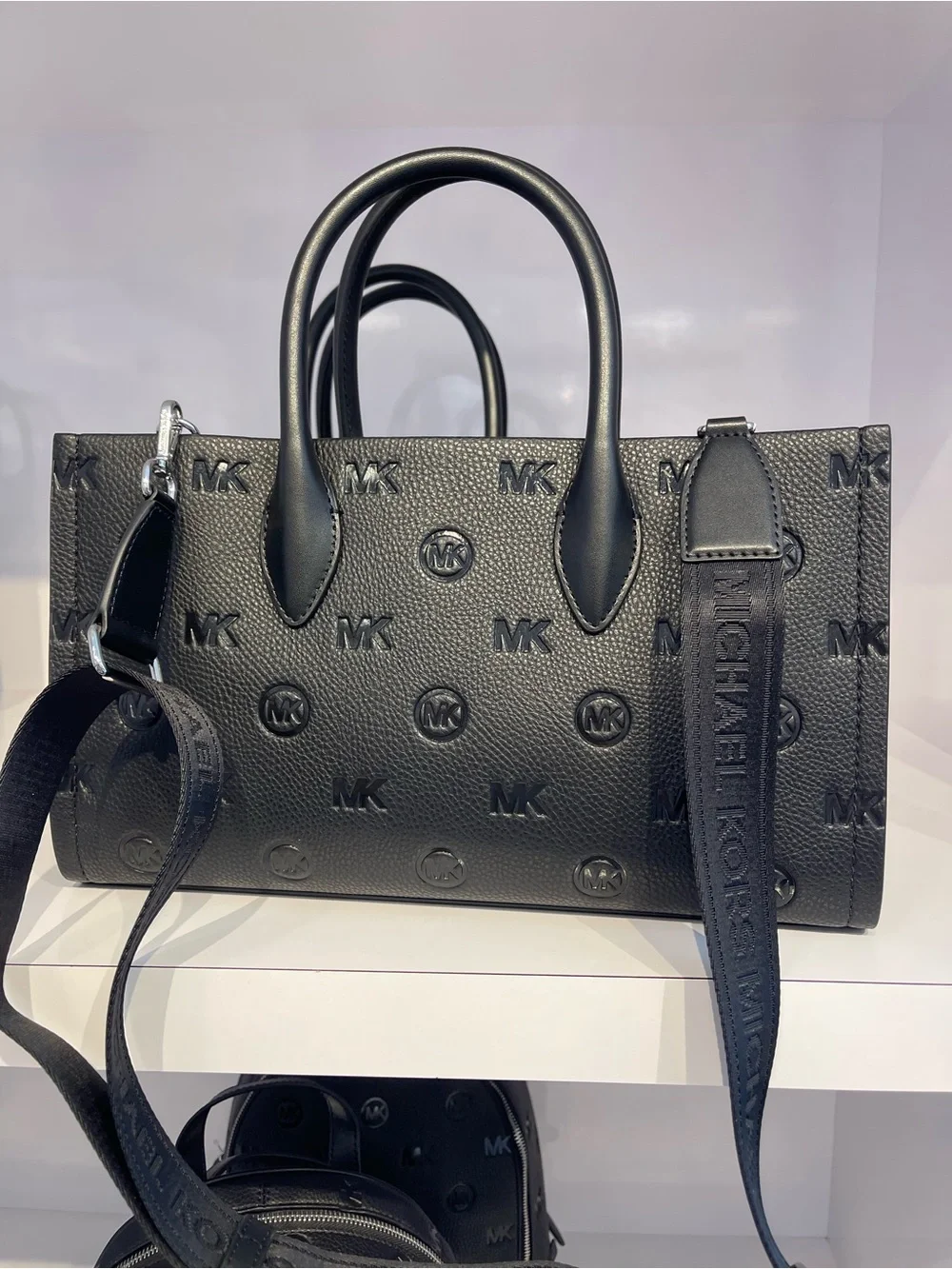 Michael Kors Mirella Md Logo Debossed EW Top Zip Satchel Shoulder Tote Black NWT